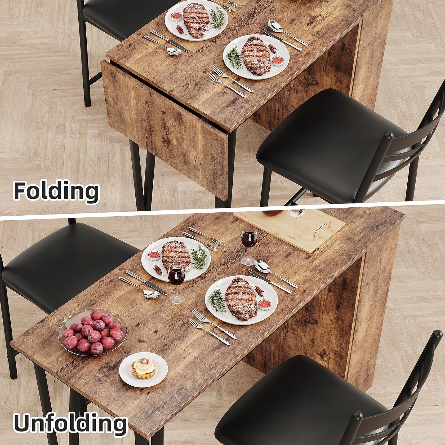 Garvee Bar Table and Chairs Set, 3 Piece Bar Table Set with with Flip Top Extension and Storage Shelves, Dining Table Set for 2, Suitable for Small Space Kitchen Apartment, Brown