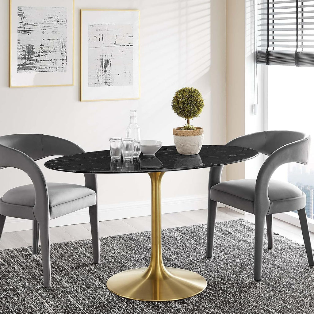 Modway Lippa Oval 54' Artificial Marble Mid-Century Modern Dining Table, Gold Black