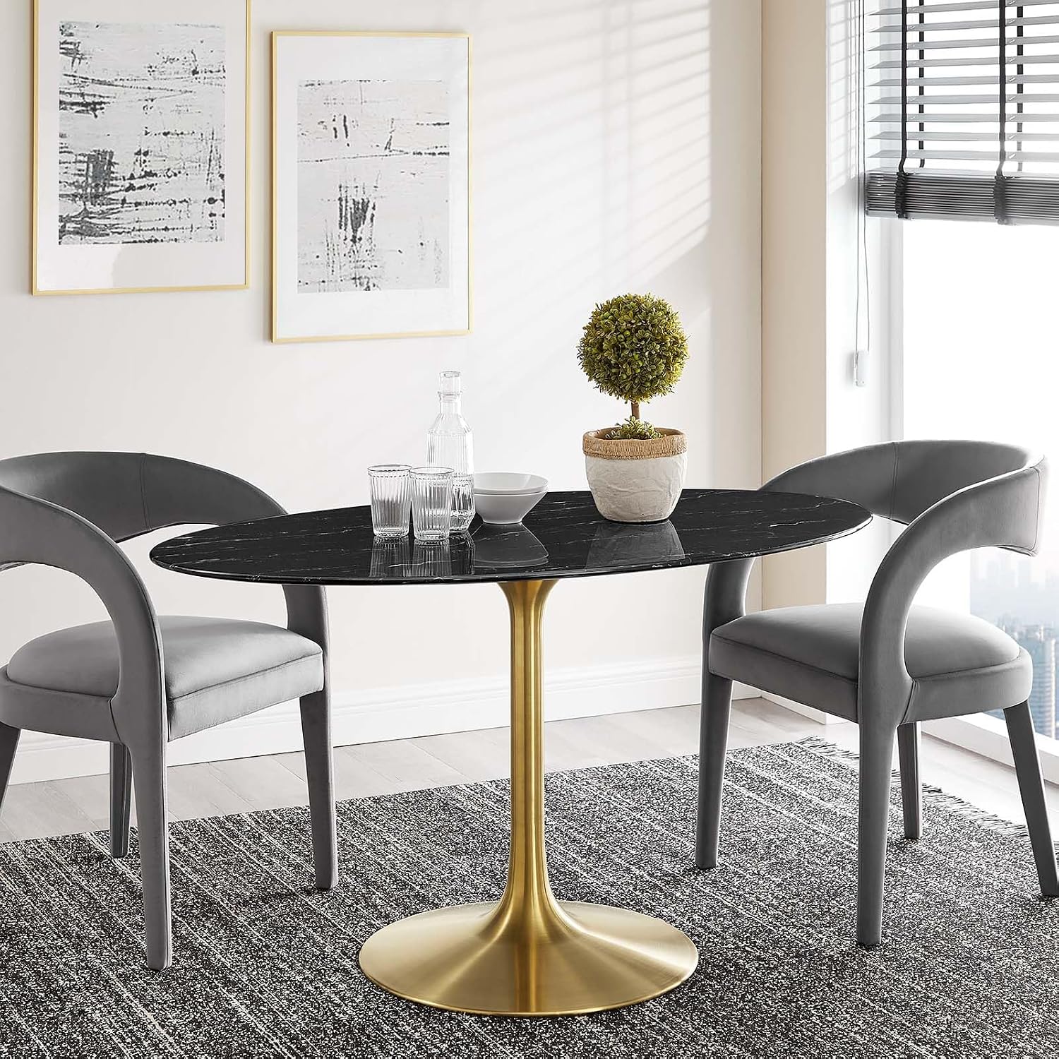 Modway Lippa Oval 54' Artificial Marble Mid-Century Modern Dining Table, Gold Black