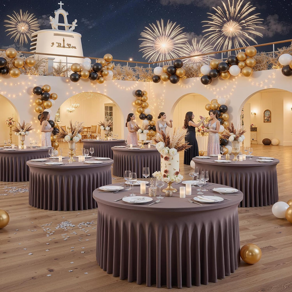 Outpain 6 Pack Brown Spandex Tablecloth for 60in/5FT Round Tables,Stretchy 120inch Fitted Round Table Cloths, Wrinkle Free Tablecloth with Skirt for Wedding, Graduation & Banquet