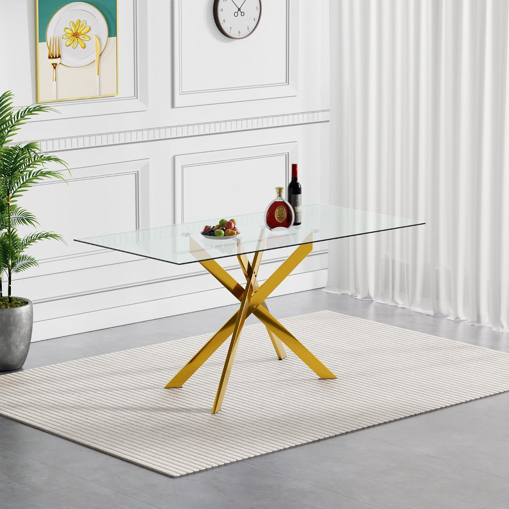 51.2' Glass Dining Table, Modern Kitchen Table for 4-6 People, Contemporary Rectangular Dining Room Dinner Tables with Clear Glass Top & Gold Metal X Legs for Kitchen Apartment