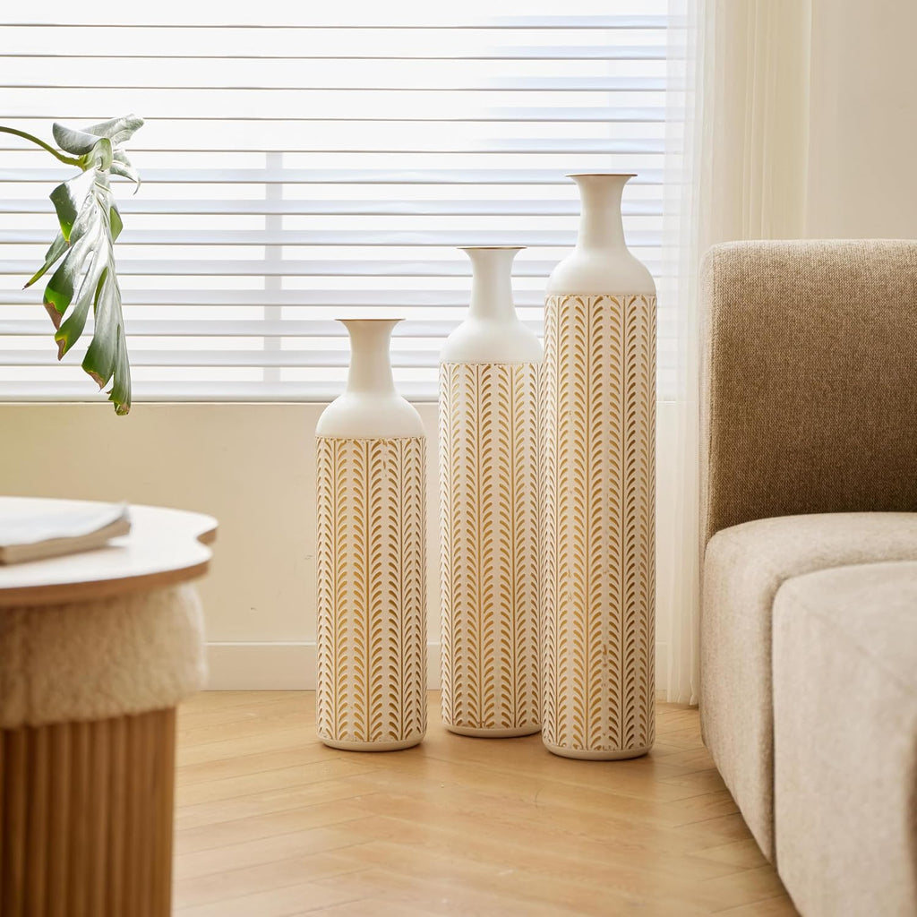 White Metal Floor Vase Set of 3 - Modern Glazed Tall Standing Vase for Home Decor, Living Room & Wedding Centerpieces, Tall Metal Standing Vases for Home Decor (White+Gold Ear of Wheat)