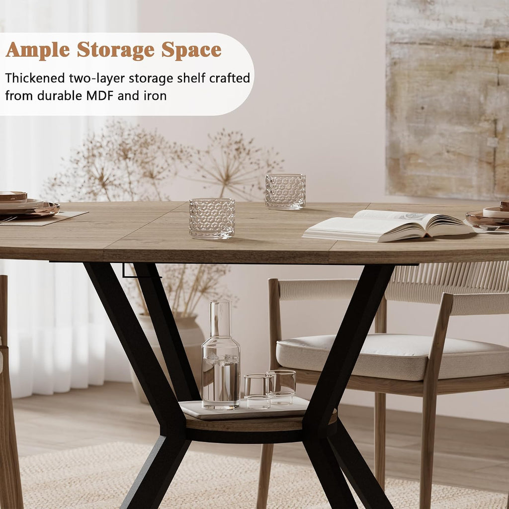 42'-58' Extendable Round Dining Table with Built-in Flip Leaf, Modern Oval Kitchen Table for 4-6, Space-Saving Small Room Furniture with Storage Shelf and X-Shaped Metal Base
