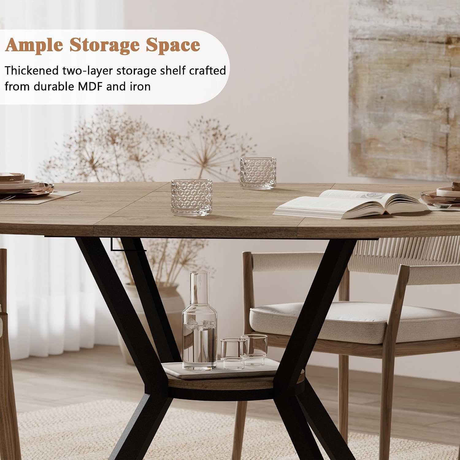 42'-58' Extendable Round Dining Table with Built-in Flip Leaf, Modern Oval Kitchen Table for 4-6, Space-Saving Small Room Furniture with Storage Shelf and X-Shaped Metal Base