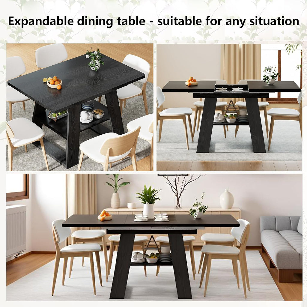 Lxsxlome 47.24''-66.92'' Extendable Dining Room Table for 4-6, Rectangle Extendable Kitchen Table with Removable Leaves, Space Saving, Wooden Dining Table with Storage Shelf (Style 2, Black)