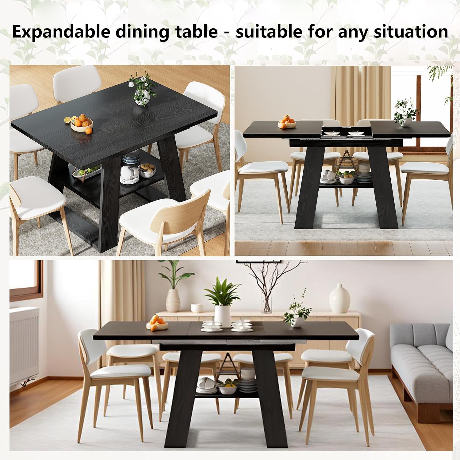 Lxsxlome 47.24''-66.92'' Extendable Dining Room Table for 4-6, Rectangle Extendable Kitchen Table with Removable Leaves, Space Saving, Wooden Dining Table with Storage Shelf (Style 2, Black)