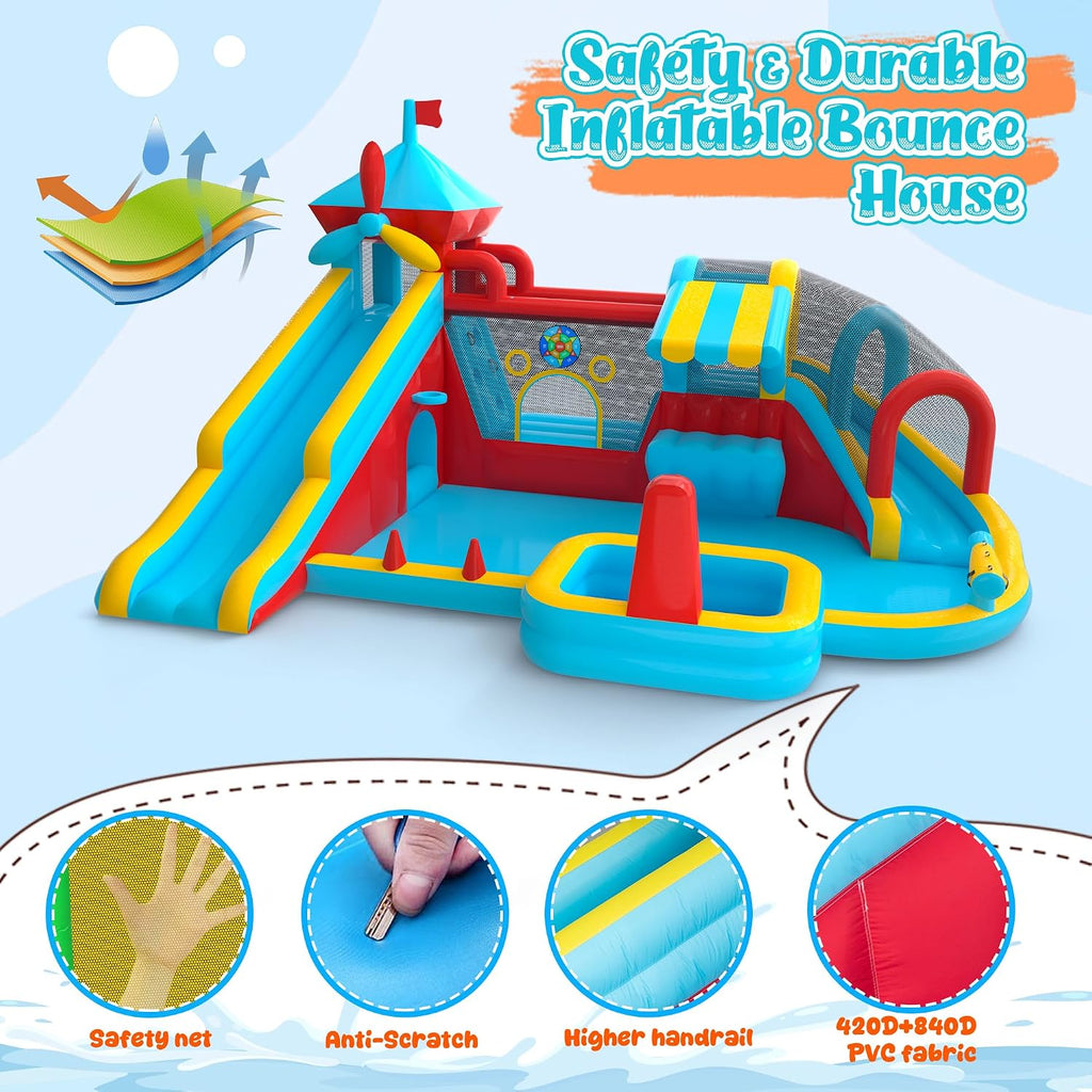 Water Bounce House for Big Kids 8-12, Double Water Slide Bounce House with 750W Blower, Toy Stand, Climbing Wall, Jumping, Water Gun, Splash Pool, Basketball Hoop for Indoor Outdoor Backyard