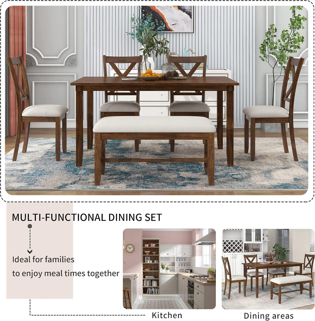 Harper & Bright Designs 6 Pieces Dining Table Set, Wooden Rectangle Table and 4 Chairs with Bench with Cushion, Kitchen Table Chairs Set for 6 Persons, Dining Room Set - Natural Cherry