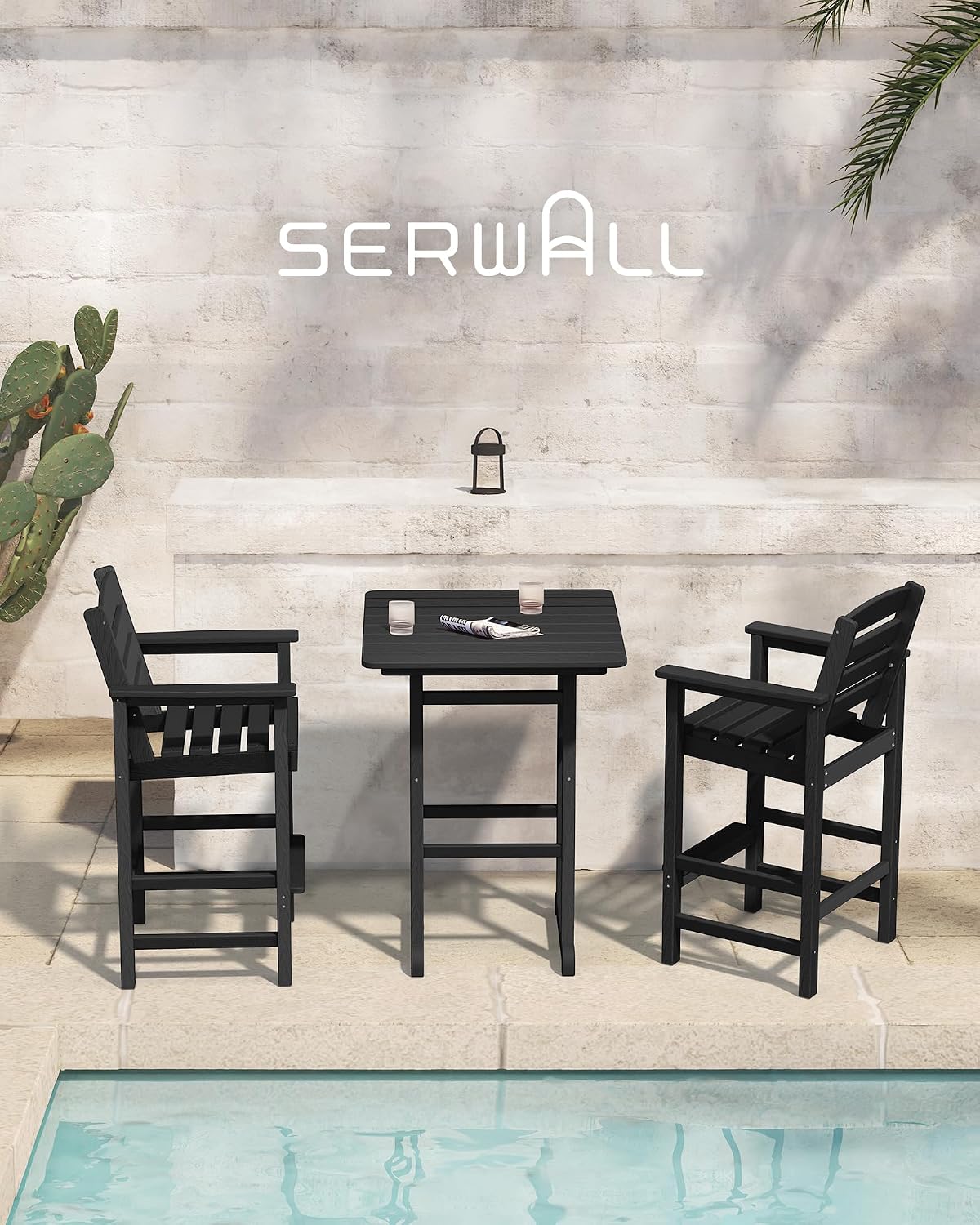 SERWALL Balcony Adirondack Chairs and Table 3 Pieces Set, Adirondack Bar Height Chairs Set of 2 and Bar Table, Outdoor Bar Stools Set for Bistro, Poolside, Backyard, Black