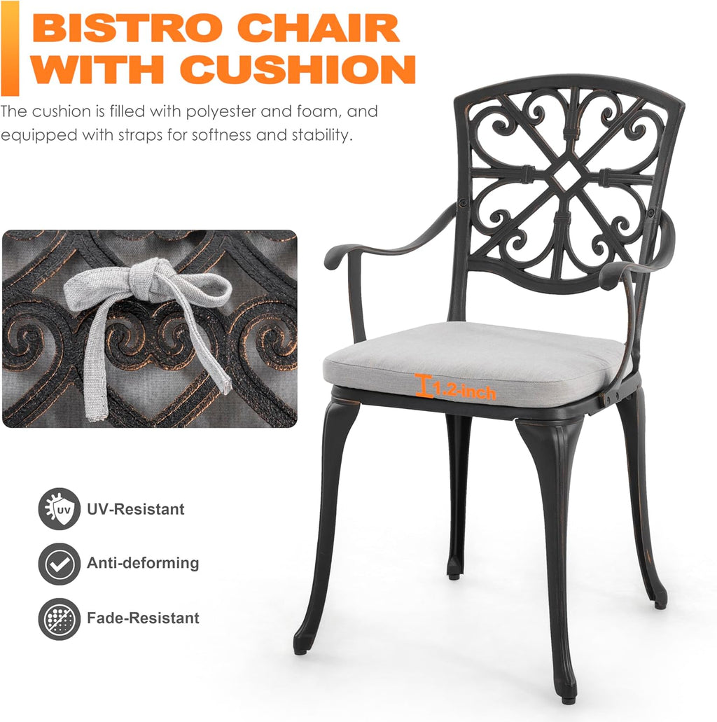 NUU GARDEN Bistro Set 3 Piece Outdoor Cast Aluminum Patio Table and Chairs Set of 2 with Umbrella Hole and Grey Cushions for Backyard, Balcony, Lawn, Black
