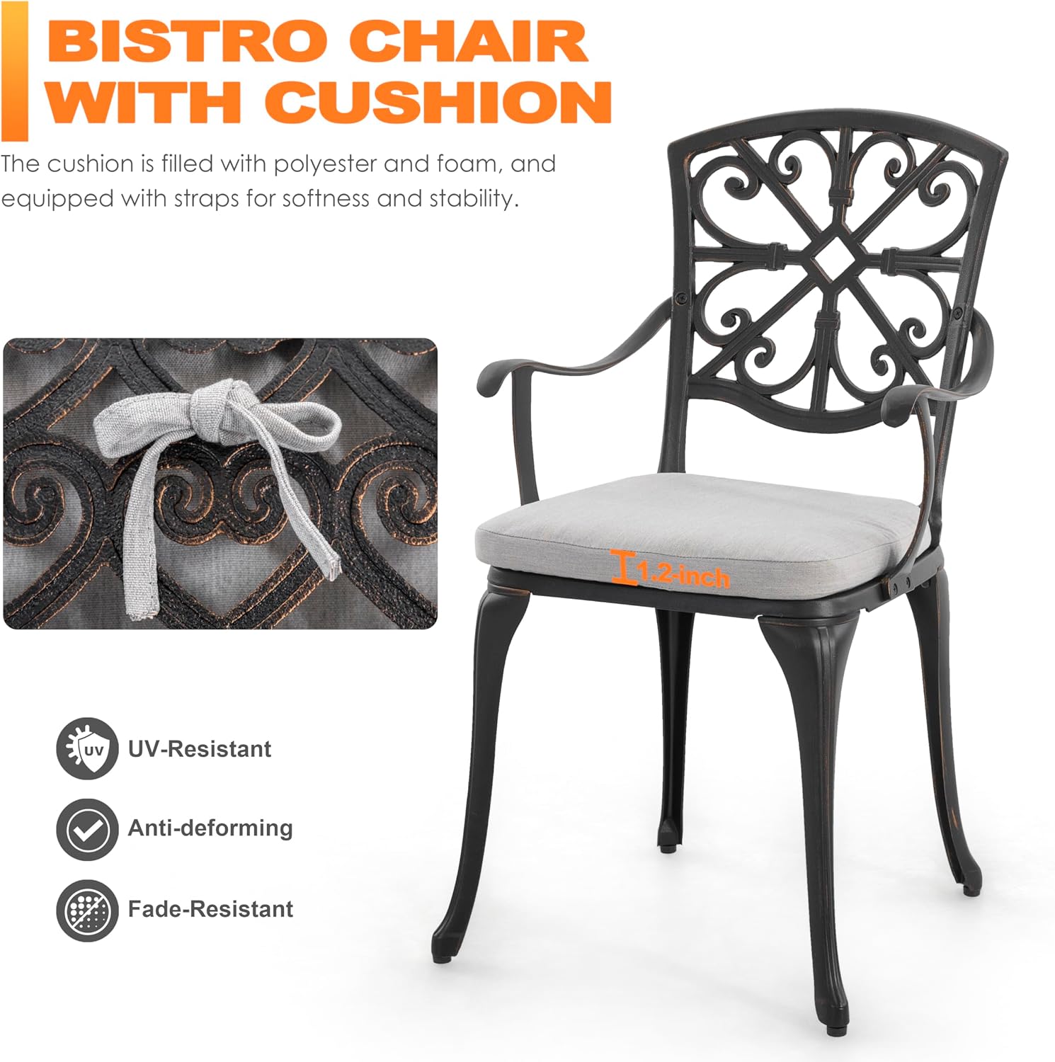 NUU GARDEN Bistro Set 3 Piece Outdoor Cast Aluminum Patio Table and Chairs Set of 2 with Umbrella Hole and Grey Cushions for Backyard, Balcony, Lawn, Black