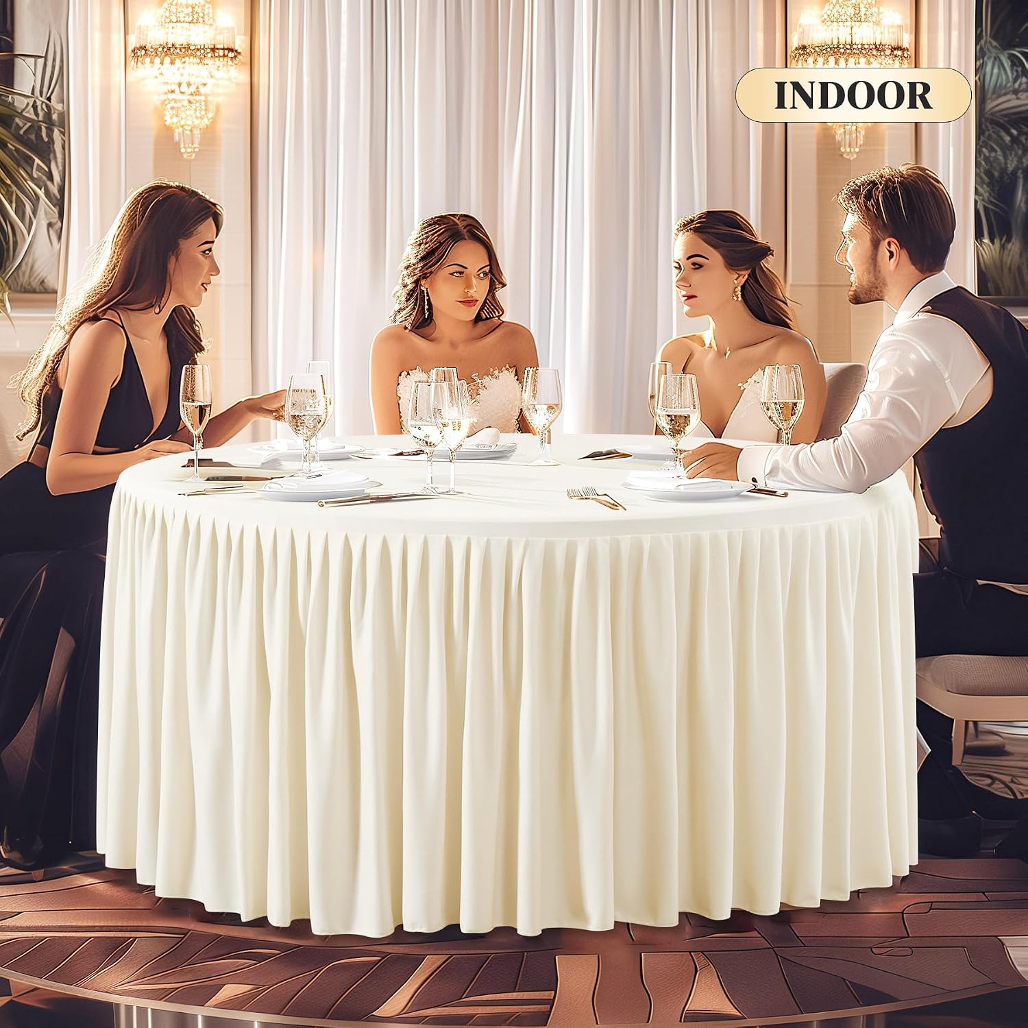 6 Pack Ivory Spandex Round Tablecloths for 48 inch Tables, Stretchy Fitted 4FT Round Table Clothes,Wrinkle Free Table Cover with Skirt for Wedding Party Dining Banquet Graduation Decorations