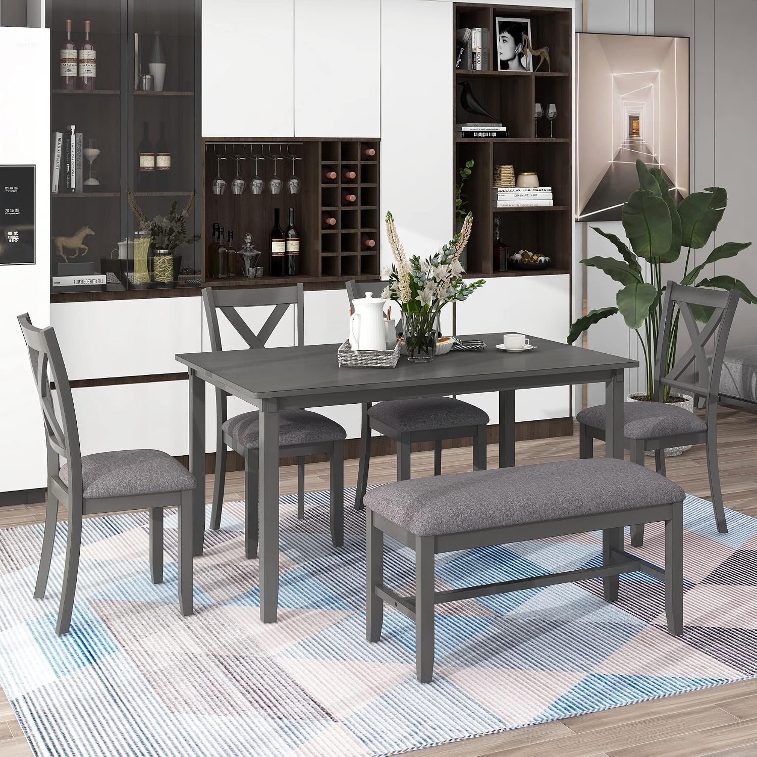 Harper & Bright Designs 6-Piece Dining Table Set, Dining Room Table Set with Wooden Rectangular Dining Table, 4 Dining Chair and Bench, Kitchen Dinette Set for 6 People (Grey)
