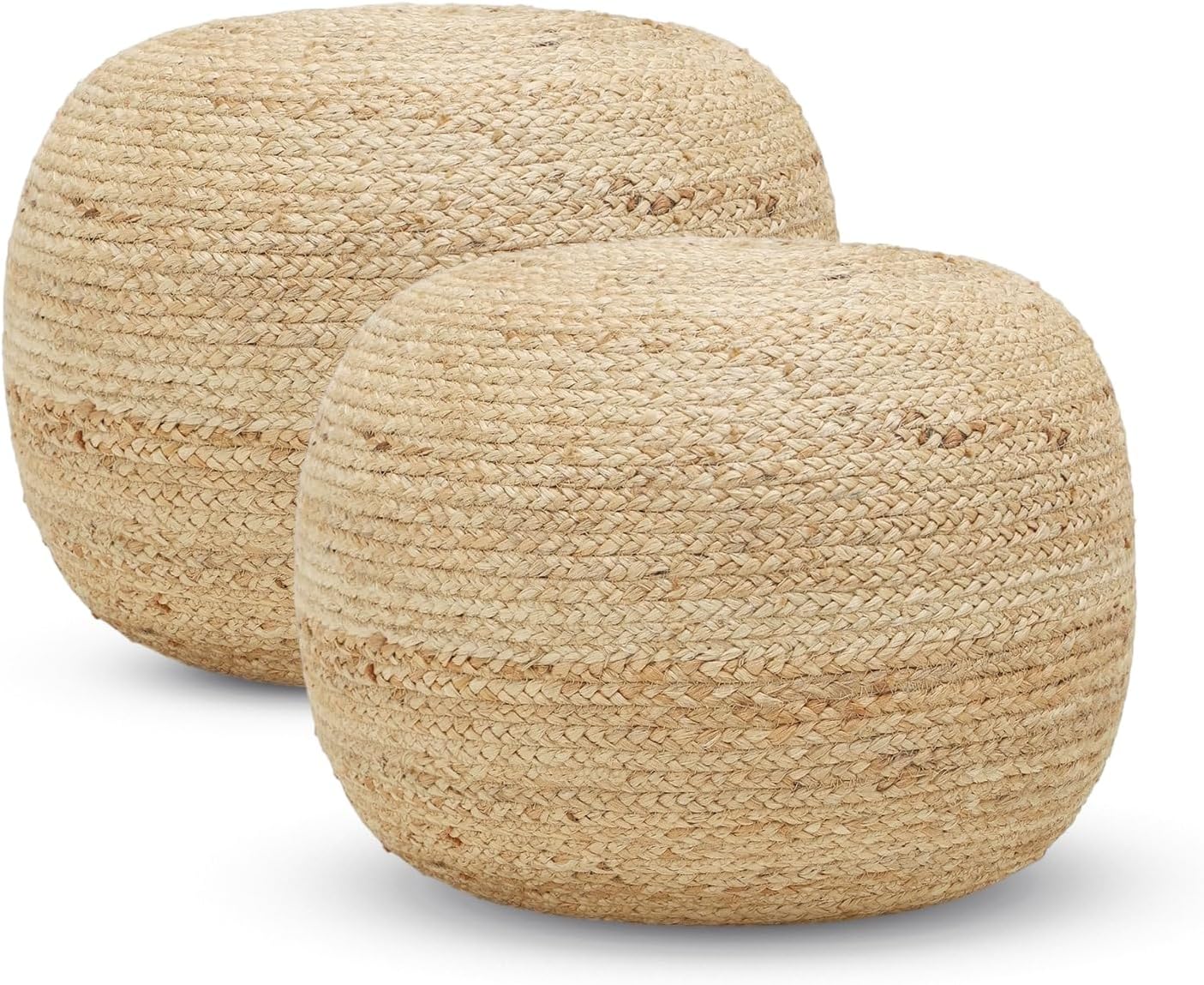 · REDEARTH · Jute Circular Pouf Ottoman - Braided Pouffe Accent Sitting Round Footrest for Living Room, Bedroom, Nursery, kidsroom, Patio, Gym; 100% Jute Set of 2 (19.5'X19.5'X14'; Jute Natural)
