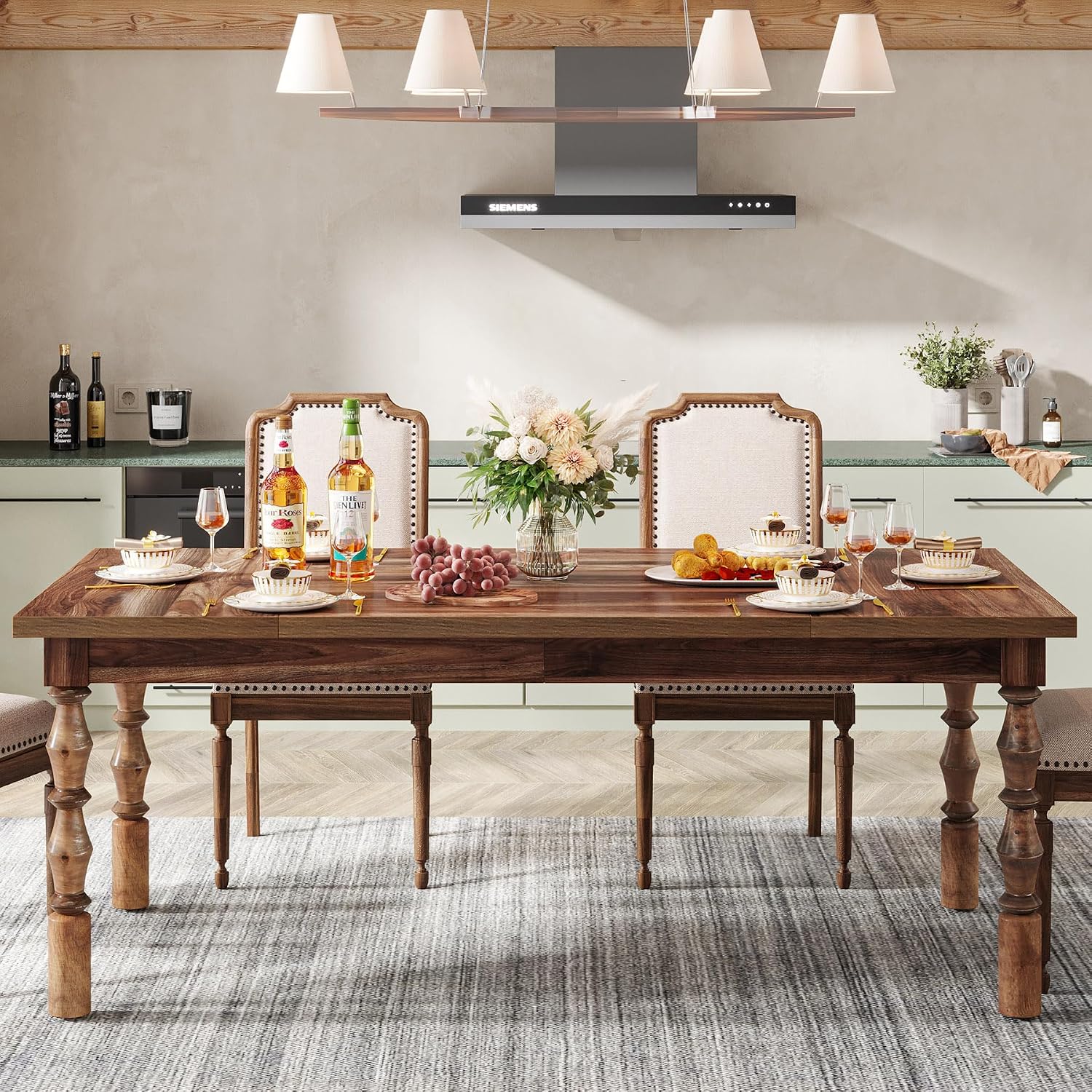 Tribesigns 62' Farmhouse Dining Table for 4-6 People, Large Wood Rectangle Kitchen Table, Modern Dinner Table Kitchen & Dining Room Furniture with Carved Turned Legs