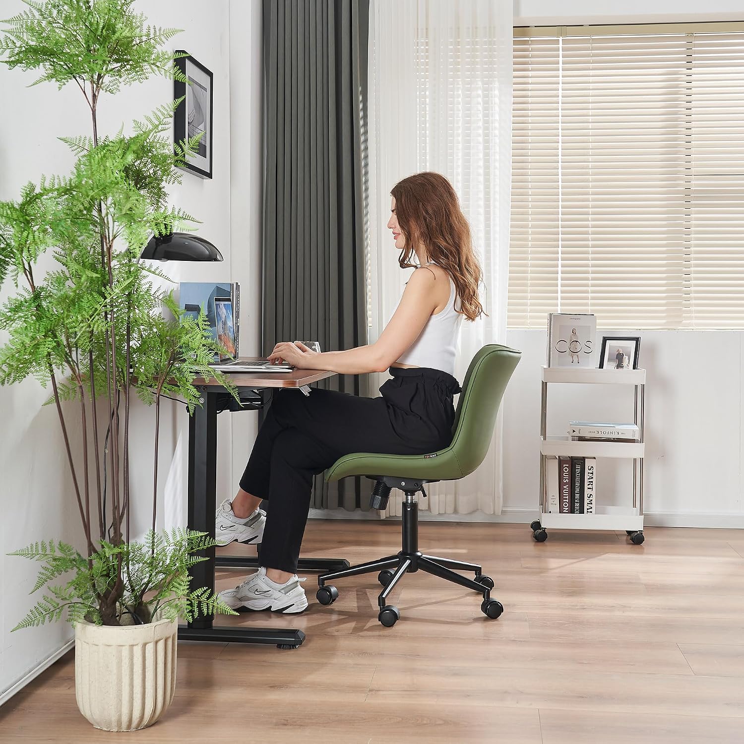 YOUNIKE Olive Green Office Desk Chair with Wheels Armless Compact Comfy Vanity Chair with Adjustable Back Modern Small Faux Leather Upholstered Swivel Cute Rolling Computer Task Chair No Arms