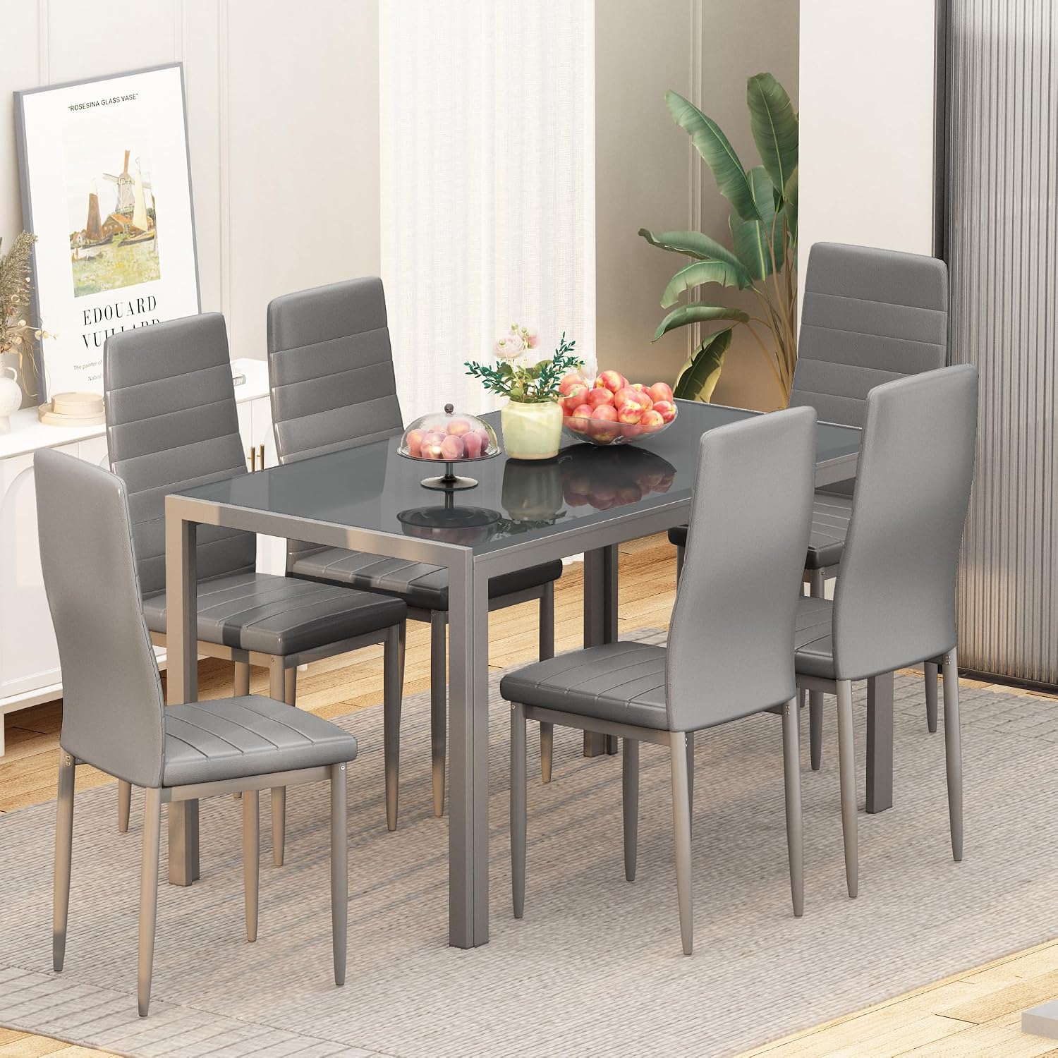 DKLGG 7-Piece Dining Table Set for 6, Tempered Glass Kitchen Table with PU Leather Chairs, Modern Dining Room Table Set for Small Space, Dinette, Apartment, Grey
