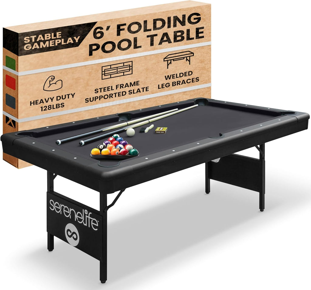 SereneLife 6-Ft Folding Pool Table - Best in Stability - Steel Frame, Fully Supported Slate, Welded Leg Supports with Safety Anti Collapse Locks, 128LB Heavy Duty Billiard Game and Accessory Set