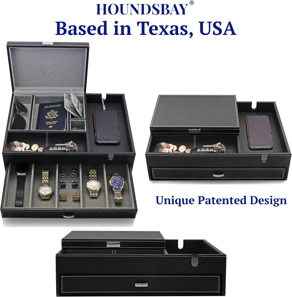 HOUNDSBAY Admiral Dresser Valet Box & Mens Jewelry Box Organizer with Large Smartphone Charging Station (Grey)