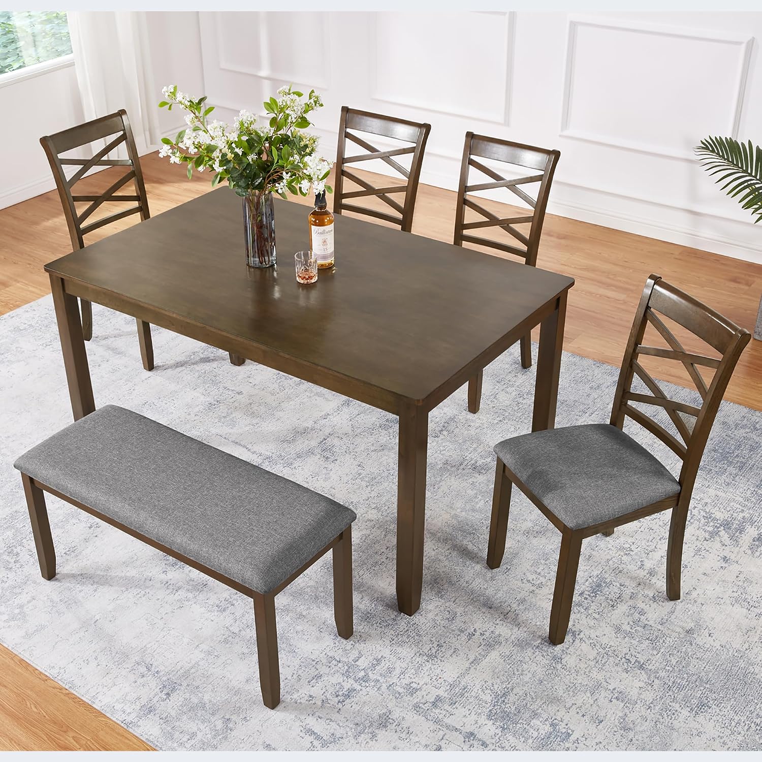 KEIKI 6-Piece Standard Height Dining Table Set with Rectangular Table, 4 Upholstered Cross Backrset Chair, Bench, for 6 Person, Modern Style Table Set, Easy Assembly, for Kitchen, Dining Room, Walnut