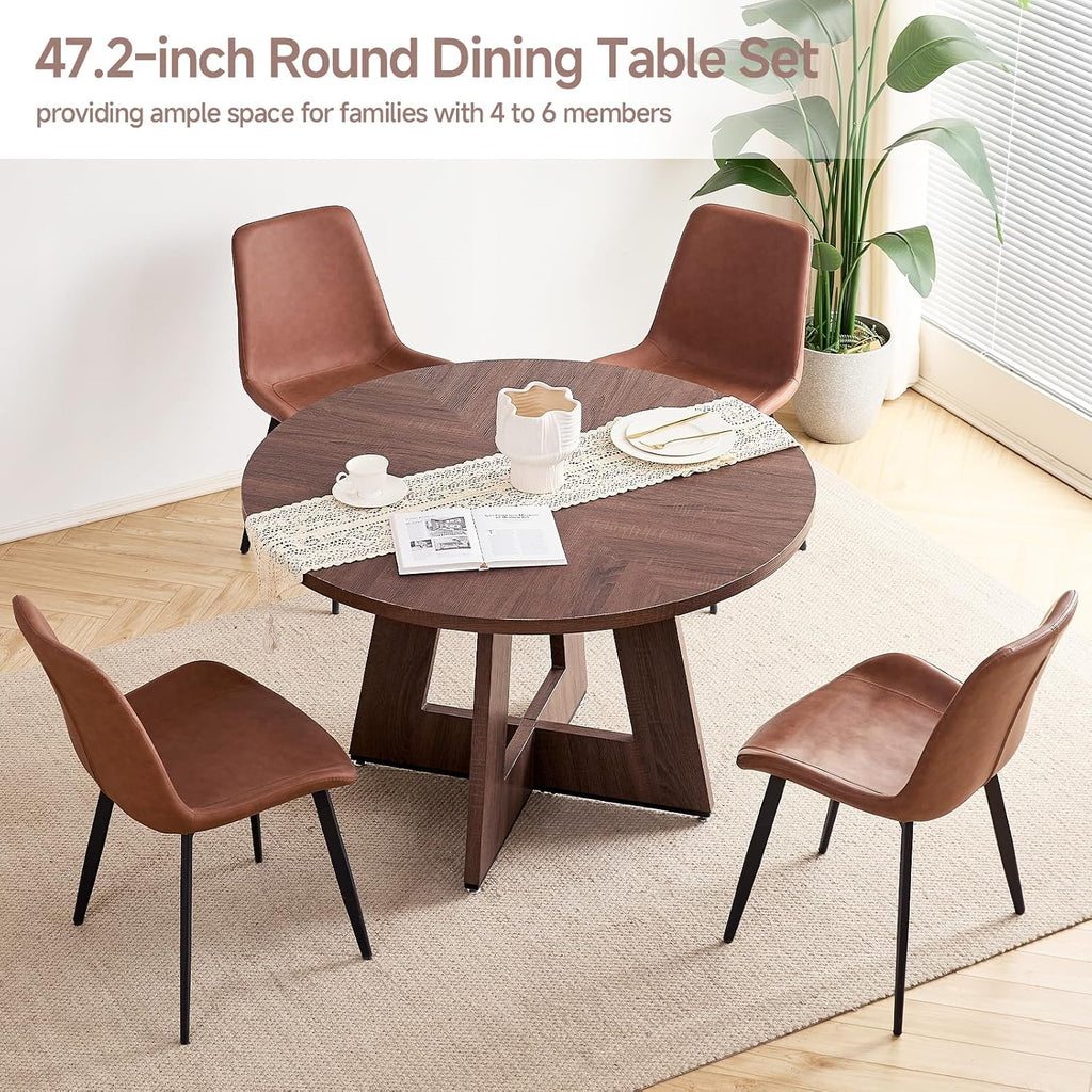 47 inch Round Dining Table Set for 4 Kitchen Table and Chairs Set Mid-Century Modern Kitchen Tables with Upholstered Synthetic Leather Chairs of 4(Walnut Table with 4 Brown Chairs)