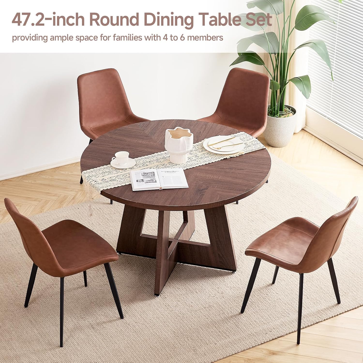 47 inch Round Dining Table Set for 4 Kitchen Table and Chairs Set Mid-Century Modern Kitchen Tables with Upholstered Synthetic Leather Chairs of 4(Walnut Table with 4 Brown Chairs)