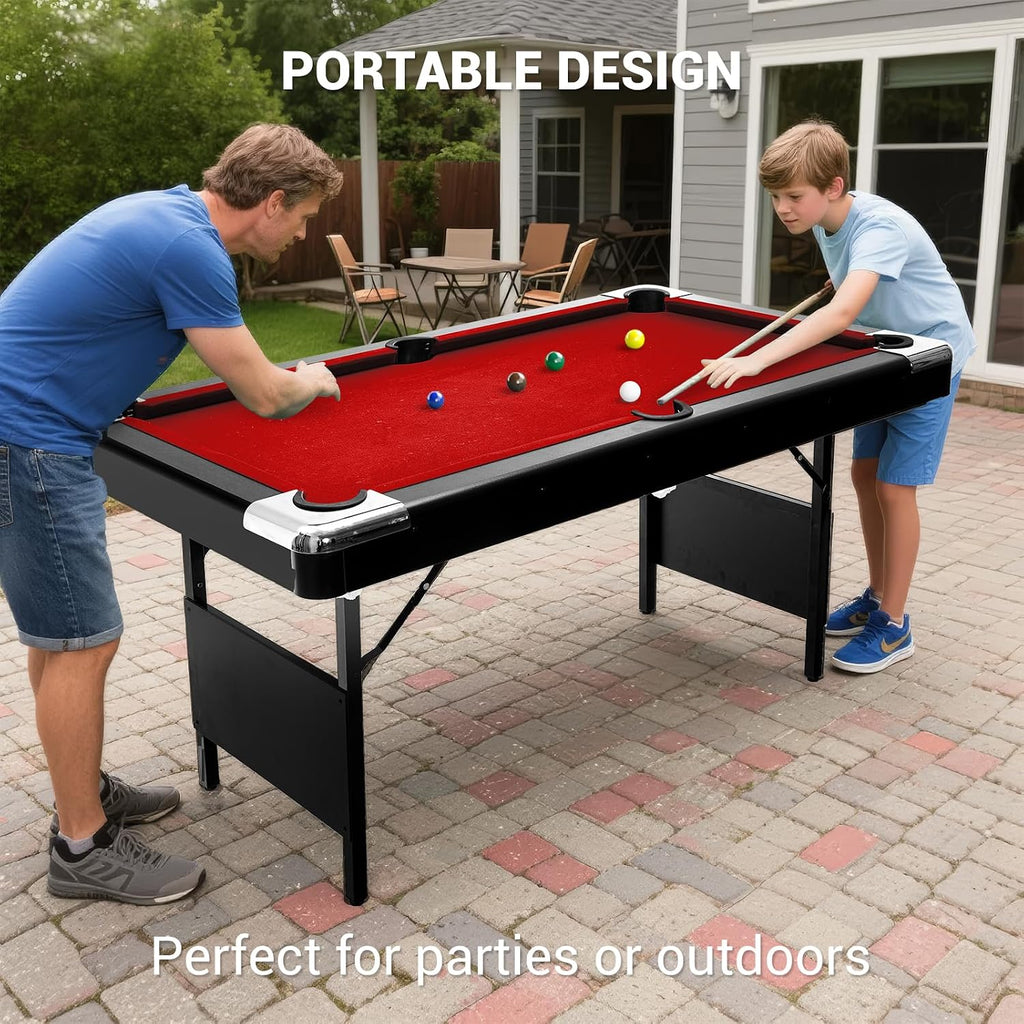 6,7 Foot Foldable Pool Table, Portable Billiards Table with Full Accessories Set, No Assembly, Metal k-Shaped Legs, Includes 16 Balls, 2 Cue Sticks, Chalk, Rack & Brush, Game Room Table for Home, Apar