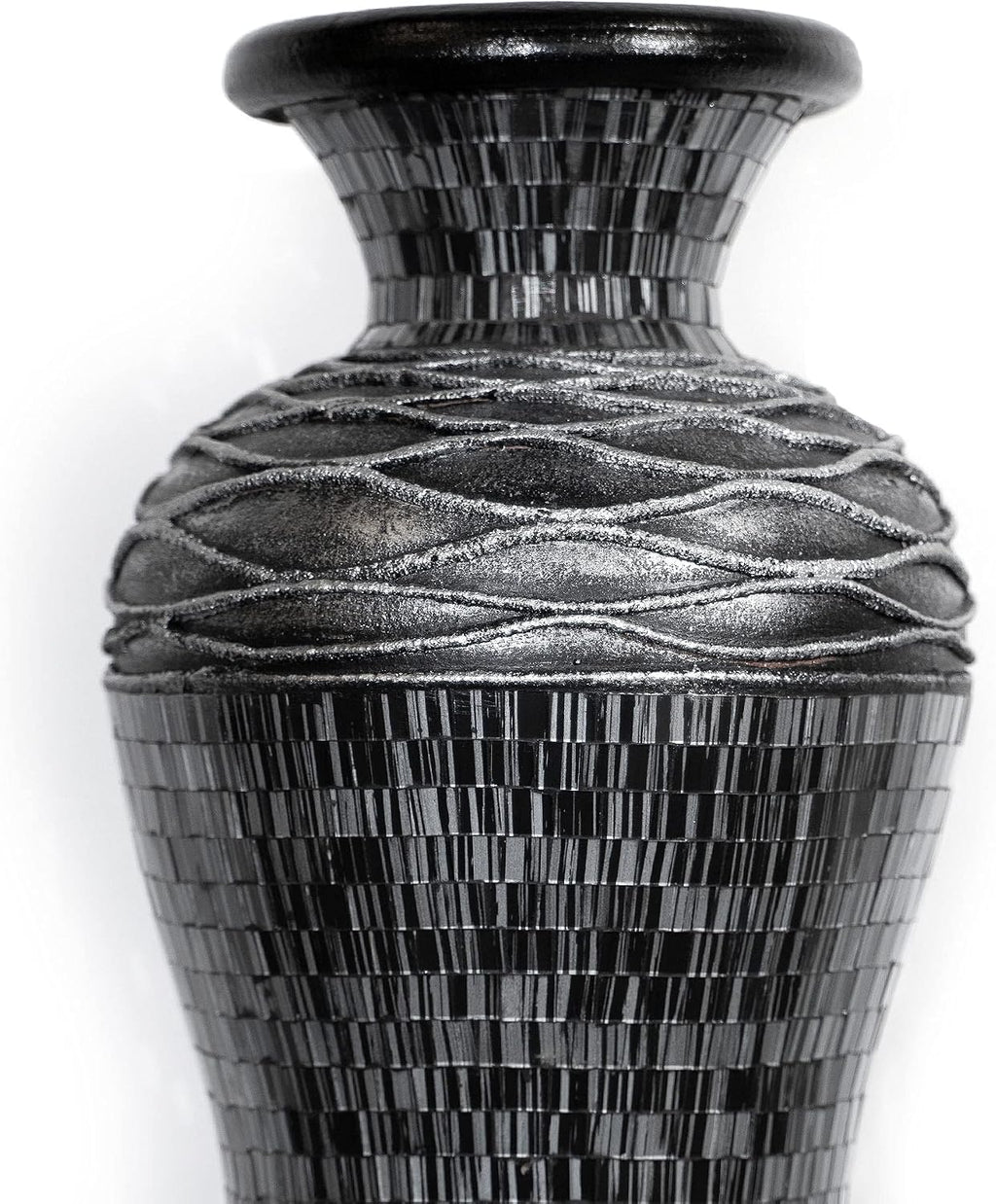 Floor Vase, 24 Inch Mosaic Vase – Tall Cylinder Made of Terracotta with Grey and Black Glass Mosaic Pieces – Handcrafted Decorative Home Décor Accent Piece for Bedroom, Living Room, Office
