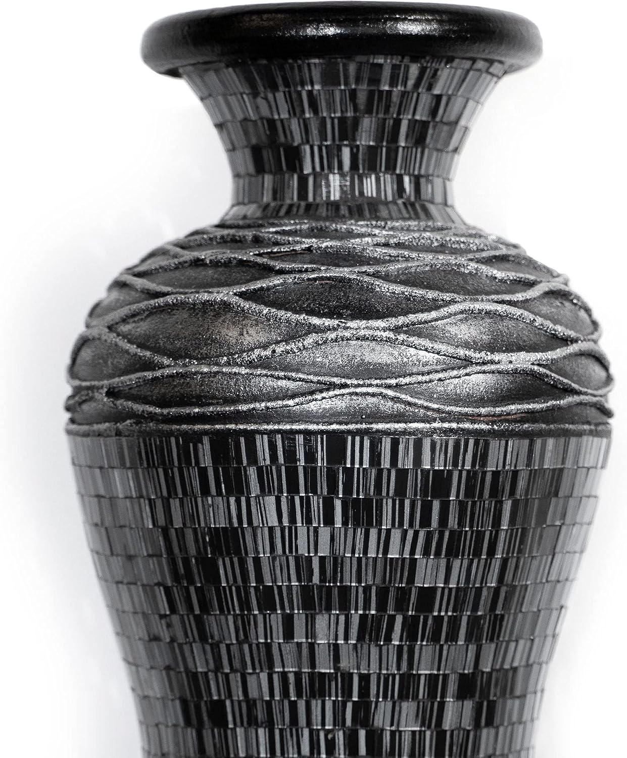 Floor Vase, 24 Inch Mosaic Vase – Tall Cylinder Made of Terracotta with Grey and Black Glass Mosaic Pieces – Handcrafted Decorative Home Décor Accent Piece for Bedroom, Living Room, Office