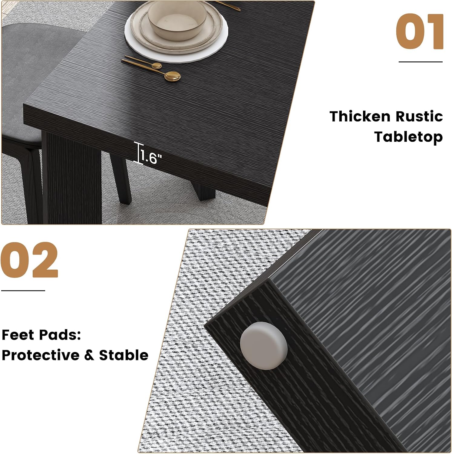 Bigbiglife 63 Inch Dining Table for 6, Indoor Outdoor Dining Table with Wood Legs, Kitchen Table with Large Tabletop, Rectangular Dinner Table for Dining Room, Living Room, Kitchen, Black