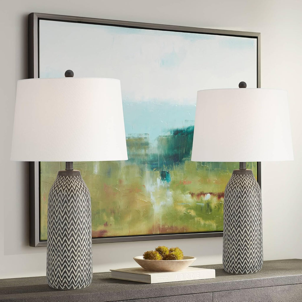 360 Lighting Arizona 27 1/2' Tall Modern Southwestern 3-Way Table Lamps Set of 2 Zig-Zag Black Beige Finish Fabric White Shade Living Room Bedroom Bedside Nightstand House Office Home Reading