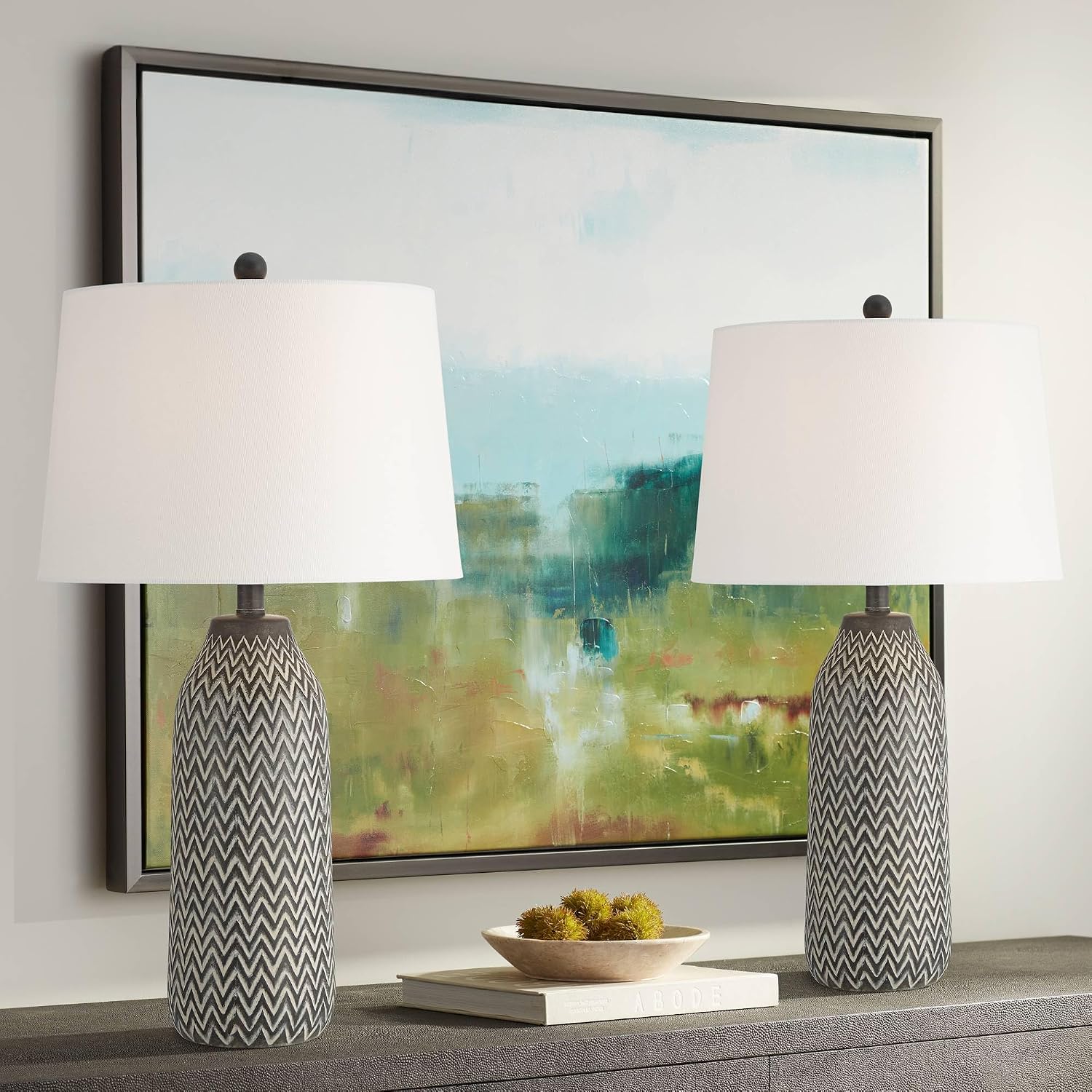 360 Lighting Arizona 27 1/2' Tall Modern Southwestern 3-Way Table Lamps Set of 2 Zig-Zag Black Beige Finish Fabric White Shade Living Room Bedroom Bedside Nightstand House Office Home Reading
