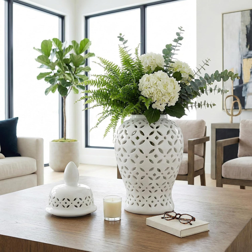 Elegant Pattern Ceramic Vase for Living Room and Home Decor - Chinoiserie House Accent for Dining Room Table Decor - Decorative Flower Vase for Room, Bedroom, or Office Display - 24', White