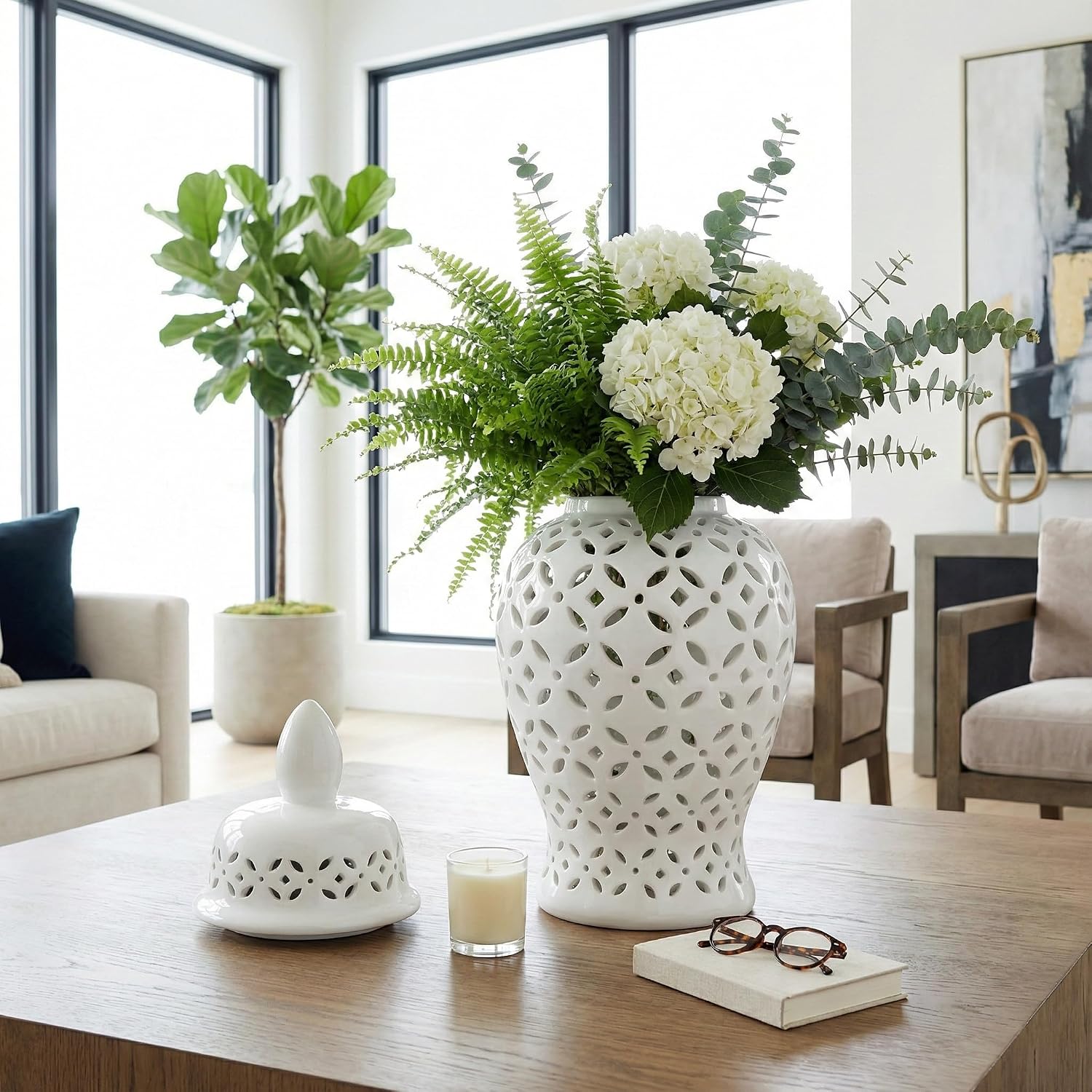 Elegant Pattern Ceramic Vase for Living Room and Home Decor - Chinoiserie House Accent for Dining Room Table Decor - Decorative Flower Vase for Room, Bedroom, or Office Display - 24', White