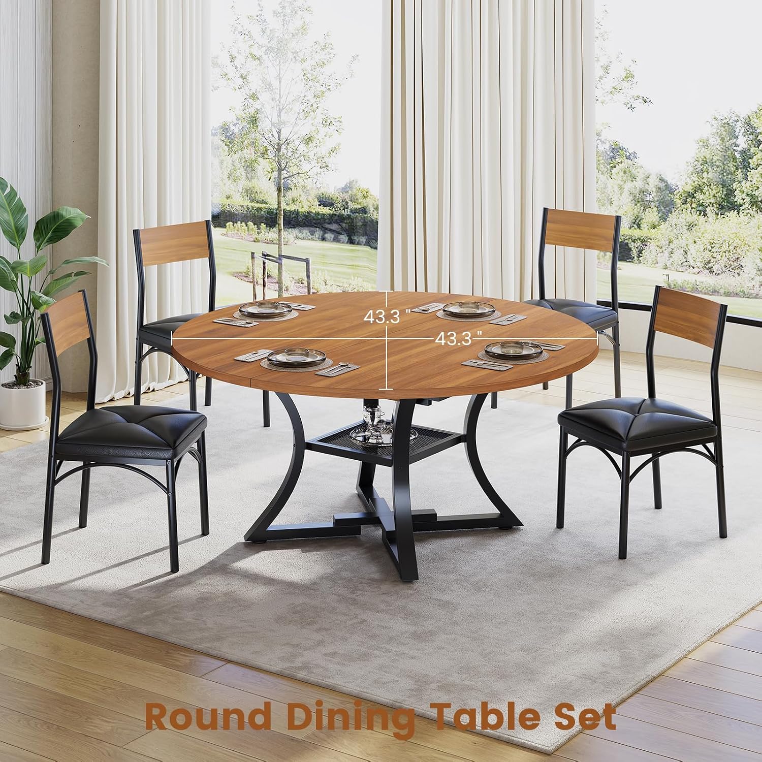 Itaar Round Extendable Dining Table Set for 4-6 People, 5-Piece Kitchen Table Set with 4 Cushion Chairs, Dining Room Table for 6 with MDF Board & Metal Frame for Small Space, Easy Clean, Brown