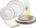 ' OCCASIONS ' 640pcs set (80 Guests)-Heavyweight Wedding Party Disposable Plastic Plate Set -80 x 10.25'' + 80 x 7.5'' + Silverware + Cups + Napkins (Rochelle White and Gold)