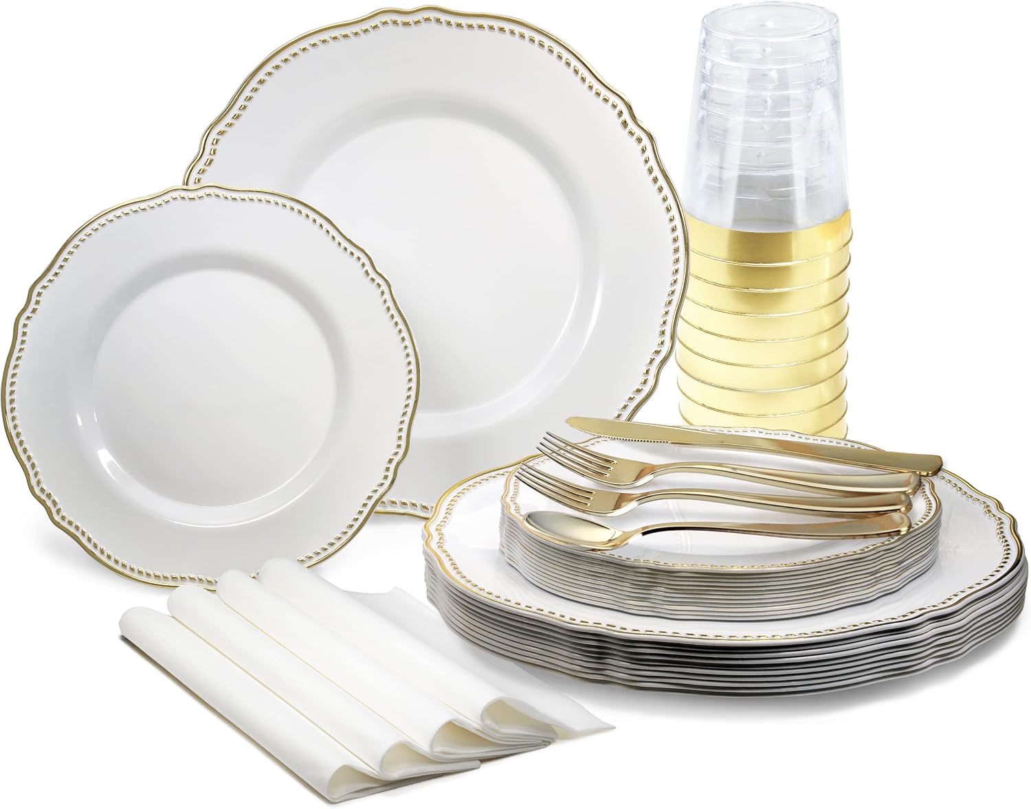 ' OCCASIONS ' 640pcs set (80 Guests)-Heavyweight Wedding Party Disposable Plastic Plate Set -80 x 10.25'' + 80 x 7.5'' + Silverware + Cups + Napkins (Rochelle White and Gold)