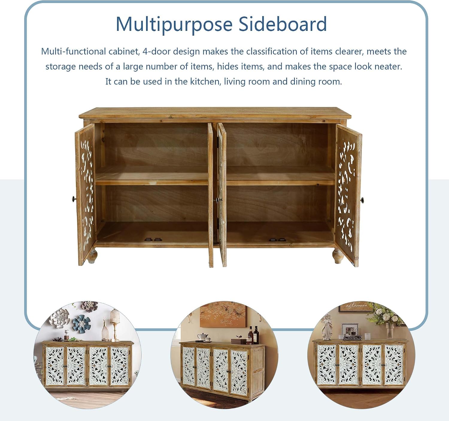 LKTART 60' Vintage Sideboard Buffet Cabinet,French Country Sideboard,Farmhouse Hollow Carved Credenza Accent Cabinet for Living Room, Dining Room, Natural Wood