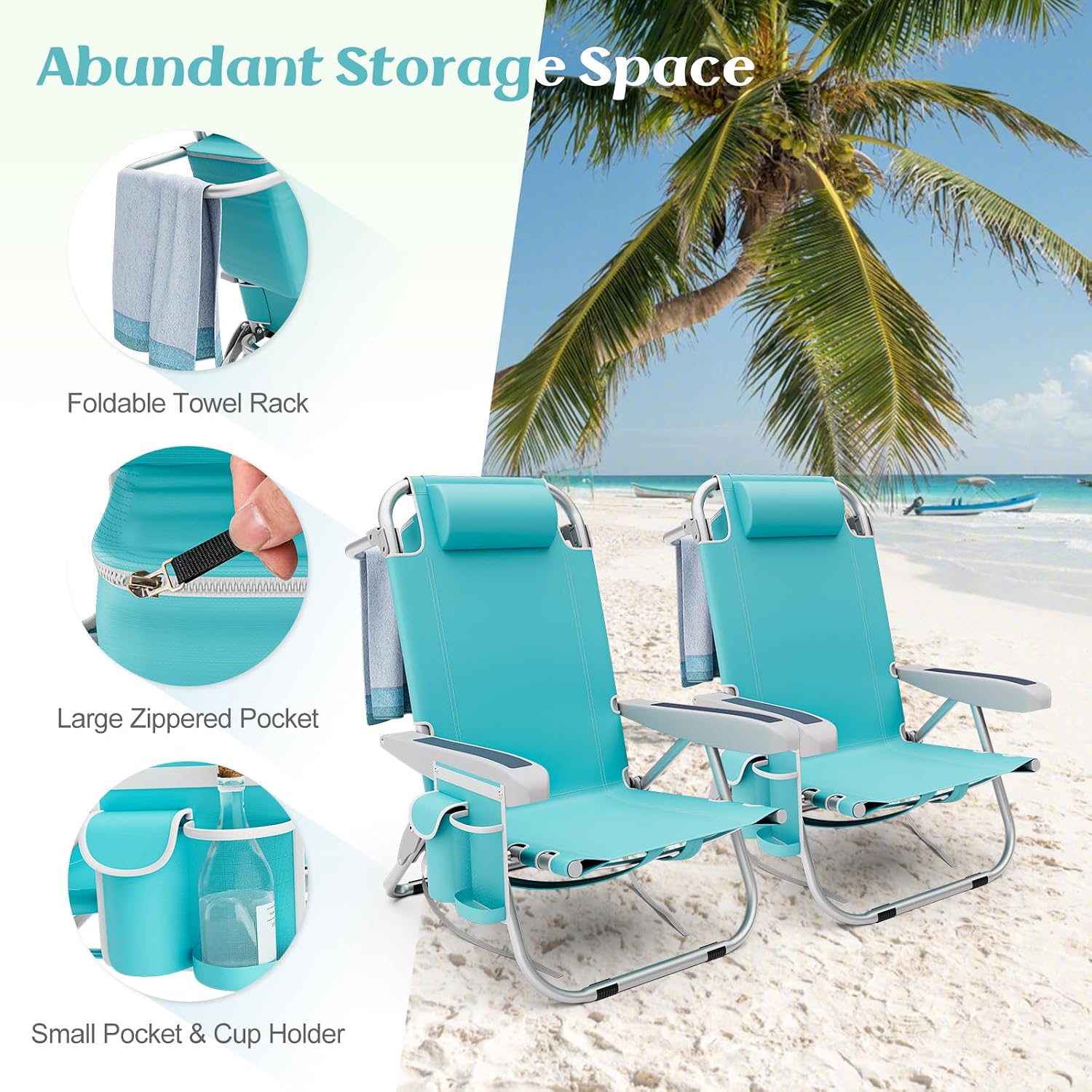 Tangkula Set of 2 Backpack Beach Chair, 5-Position Lightweight Folding Lay Flat Beach Chairs with Storage Bag, 2 Cup Holders, Towel Bar, Backpack Straps