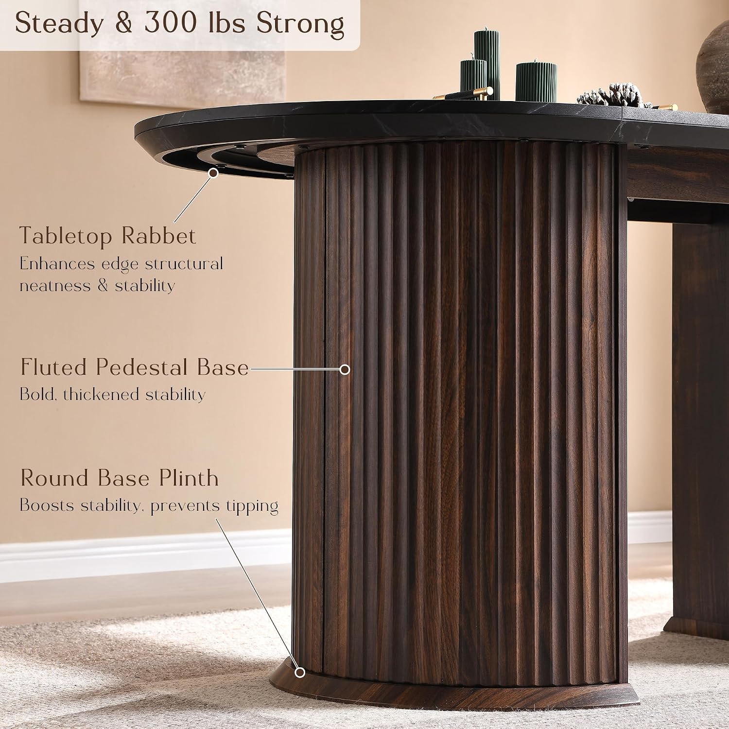 T4TREAM 63' Fluted Oval Dining Table for 4-6, Mid-Century Modern Kitchen Table with Thickened Edge & Semi-Cylindrical Base, Wood Table for Dining Room/Kitchen/Home Office, Black & Walnut(Table Only)