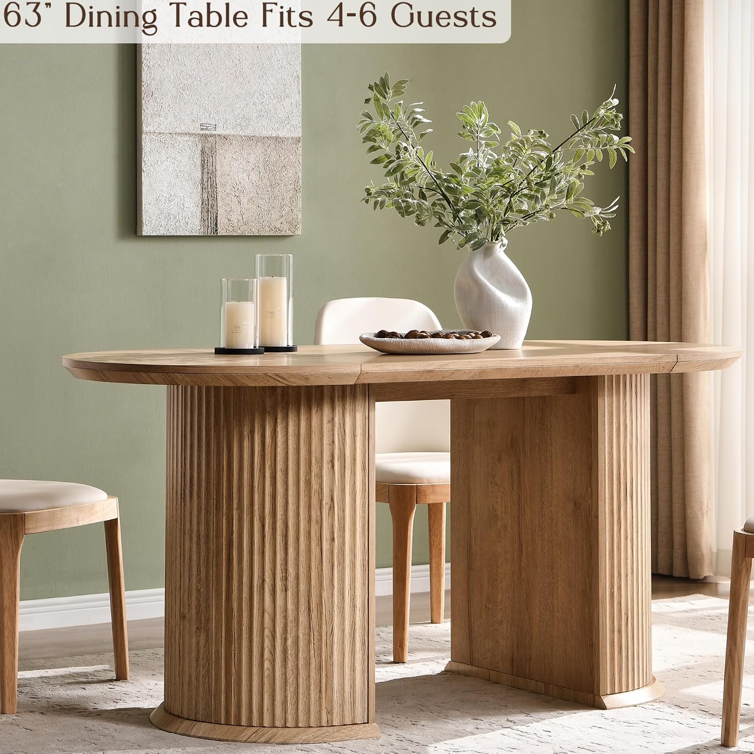 T4TREAM 63' Fluted Oval Dining Table for 4-6, Mid-Century Modern Kitchen Table with Thickened Edge & Semi-Cylindrical Base, Wood Table for Dining Room/Kitchen/Home Office, Natural Oak (Table Only)