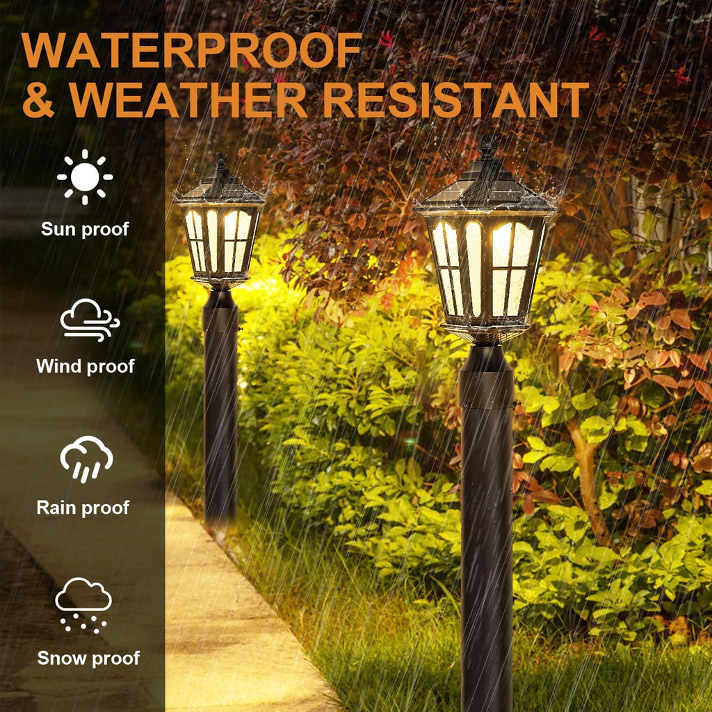 2 Pack Outdoor Solar Lamp Post Light with Pier Mount Base, Dusk to Dawn Aluminium Classic Exterior Pole Lamps with Water Ripple Glass, Solar Pillar Lights for Fence, Gate, Driveway, Black