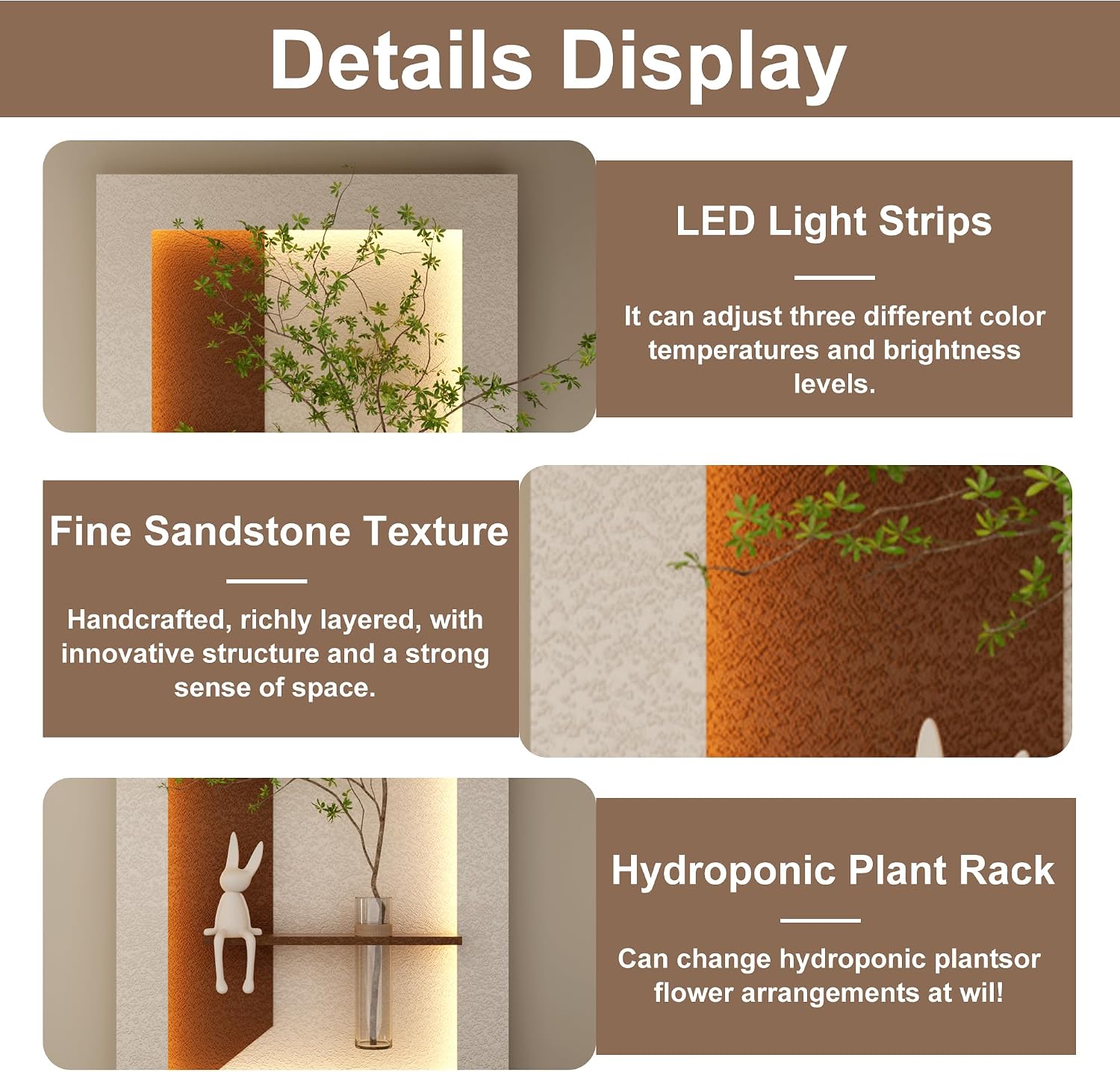 Montary 3D Sandstone Art Painting, Adjustable 3-Color LED Sandstone Wall Decor with Simulated Green Plants - 3D Art Sculpture, Glass Vase & Rabbit Statue, for Living Room, Bedroom, Hallway