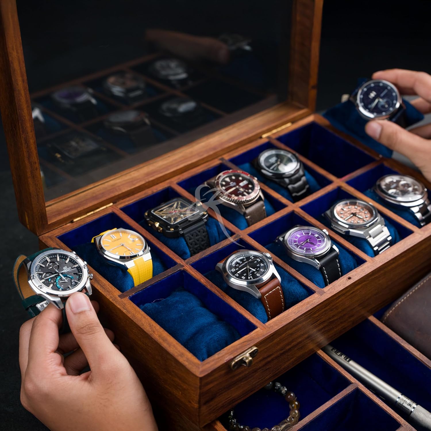 Royal Craft Expertise® 10-Slot Premium Wooden Watch Box for Men – Handcrafted Rosewood Organizer with Soft Velvet Lining | Elegant Display Case with Drawer | Ideal for Watch Storage & Gifting