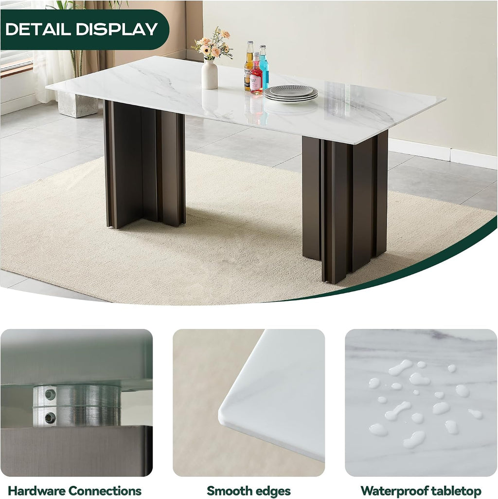 70 inch Faux Marble Dining Table for 4 to 6, Modern Dining Table with White Marble Texture Tabletop & Matte Brushed Stainless Steel Base, Rectangular Kitchen Dining Table for Dinner Party Gatherings