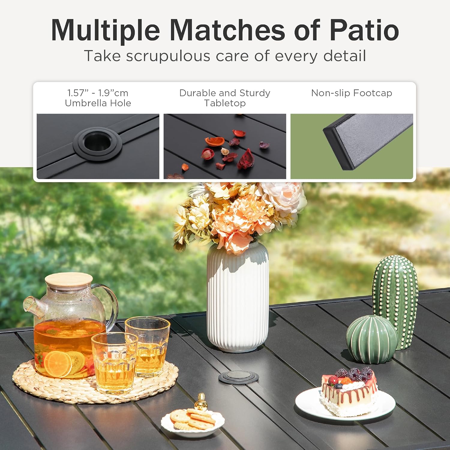 PHI VILLA 6-Person Outdoor Metal Steel Slat Dining Rectangle Table with Adjustable Umbrella Hole, Weather-Resistant for Patio Outdoor Use, Black