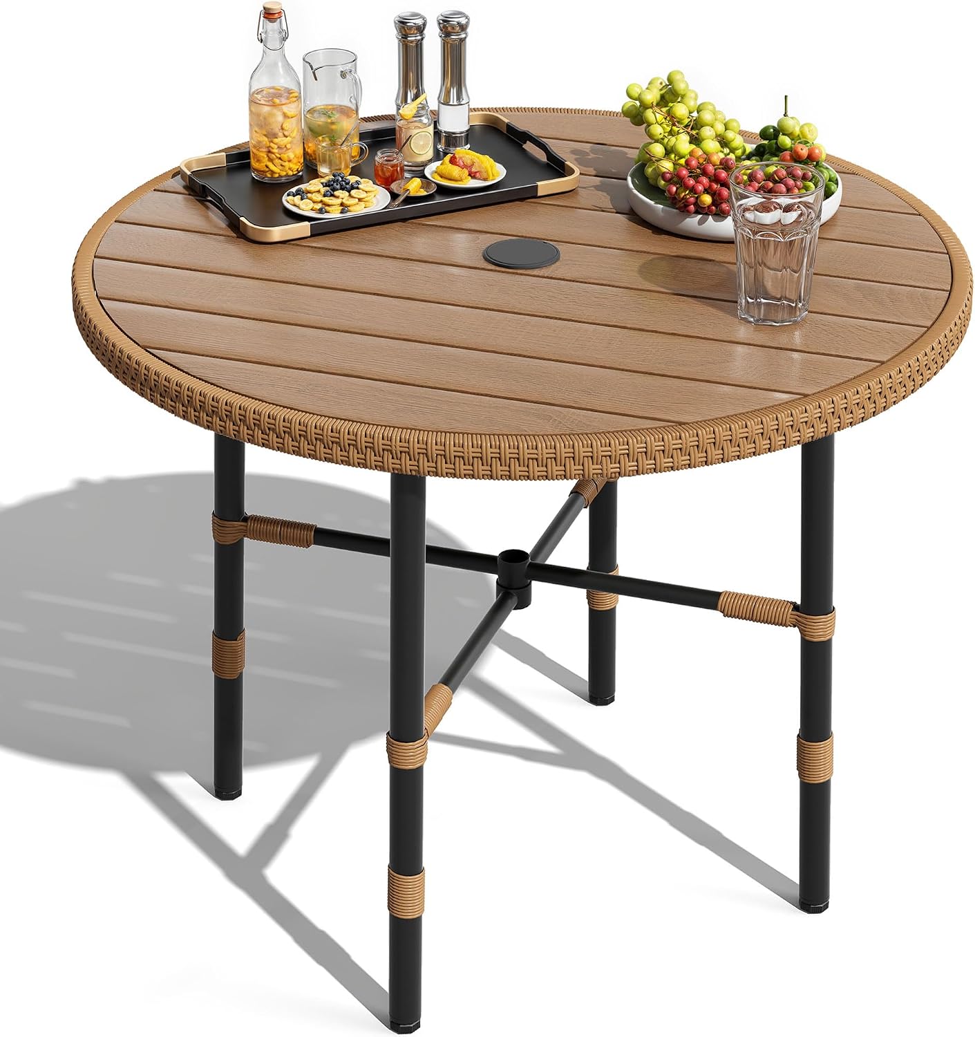 DWVO Outdoor Patio Dining Table Round for 4 35.4' Outdoor Tables with Umbrella Hole & Adjustable Levelers All-Weather Bistro Table with Metal Frame for Lawn Garden Backyard