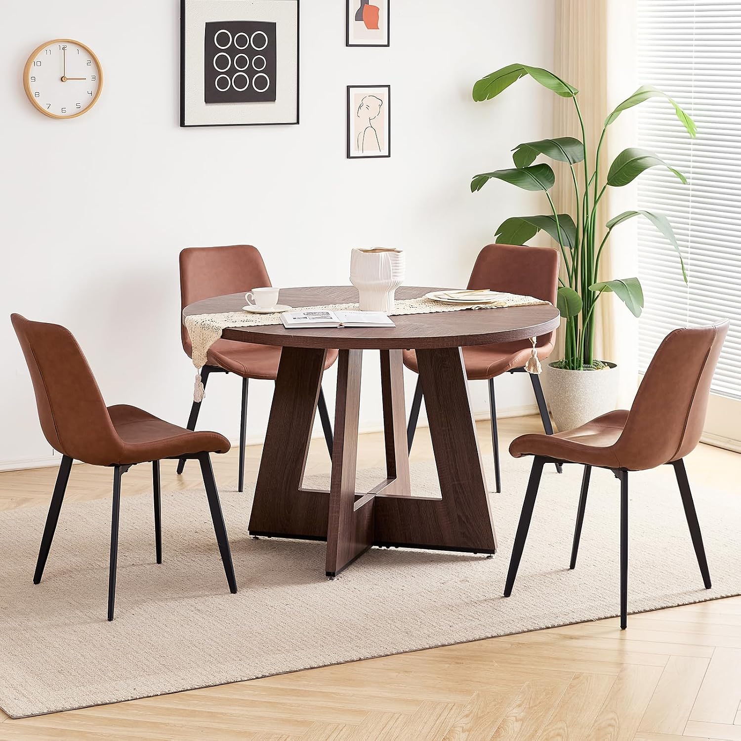 47 inch Round Dining Table Set for 4 Kitchen Table and Chairs Set Mid-Century Modern Kitchen Tables with Upholstered Synthetic Leather Chairs of 4(Walnut Table with 4 Brown Chairs)