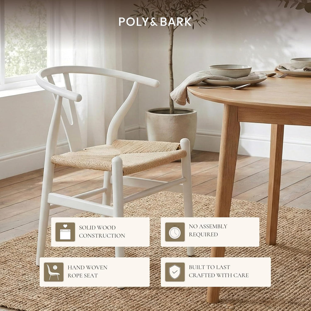 POLY & BARK Weave Dining Chair – Mid-Century Modern Wishbone Dining Chair with Arms, Solid Wood Frame, Indoor Use – White – Single - Ideal for Dining Room, Kitchen or Stylish Accent Setting