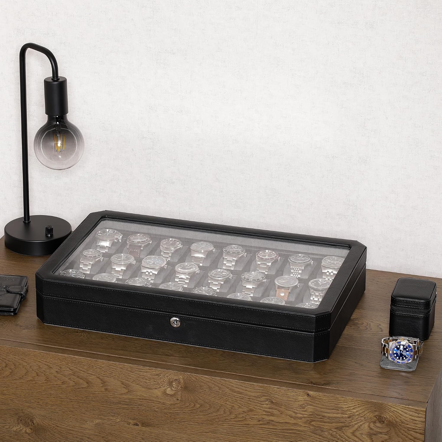 ROTHWELL 24 Slot Watch Case with Lock – Luxury Watch Box to Display and Organize Your Collection | Real Glass Top | Premium Storage for Collectors (Black/Grey)
